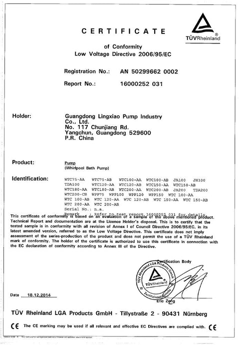 AFFINARE & "LX " Pump certified by TUV Rheinland Compliant with EU -CE .